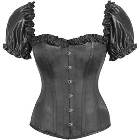 Daisy corsets Womens Top Drawer Steel Boned Black Satin Overbust Corset W/Sleeves
