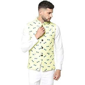 Yellow Sunglass Print Men's Nehru Jacket, Indian Festival & Wedding Outfit