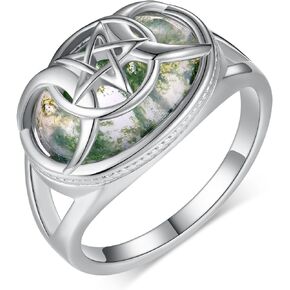 Daixiya Moss Agate Ring 925 Sterling Silver Triple Moon Goddess Ring Pagan Wiccan Jewelry Gifts for Women Girls Size 7-9