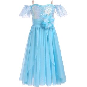 IBAKOM Lyrical Dance Costume for Girl Ballet Leotard Chiffon Sequin Dance Outfits Off Shoulder Contemporary Ballet Dress