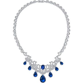 Art Deco Vintage Estate Design Bridal Jewelry Set Large Teardrop Pear Shape Clear Simulated Gemstone AAA CZ V Collar Statement Bib Necklace Chandelier Earrings. Silver Plated For Women