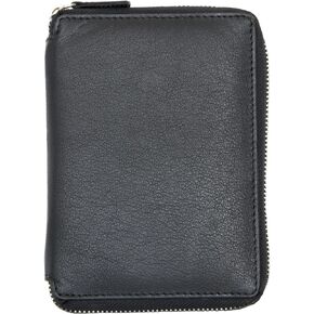 Large Genuine Leather Metal Zip-around Wallet, Passport Holder, Coins Travel Case Black