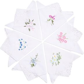 6pcs Ladies Handkerchiefs, Soft Cotton Blend Flower Embroidered Hanky Vintage Floral Style with Lace Edging for Wedding Party
