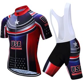 Shenshan Men's Summer USA Short Sleeve Cycling Jersey Bib Shorts Set Blue XL