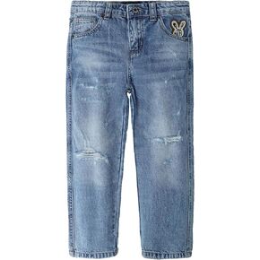 KIDSCOOL SPACE Baby Little Big Girls Jeans,Elastic Waistband Inside Ripped Holes Soft Denim Pants