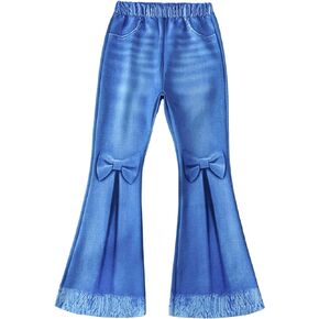 BOMDEALS Girl's Imitation Denim Print Flare Pants - Valentines 3D Bowknot Raw Hem Jeans Graphic Leggings Bell-Bottom Outfits