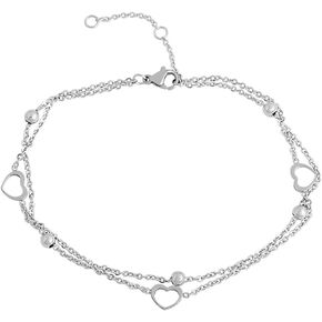 Edforce Stainless Steel 3 Heart Double Chain 5 Balls Charms Anklet Bracelet Foot Jewelry, 8.5"+2" Extender