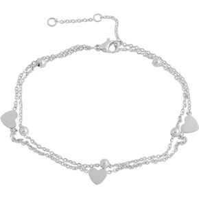 Edforce Stainless Steel 3 Heart Double Chain 5 Balls Charms Anklet Bracelet Foot Jewelry, 8.5"+2" Extender