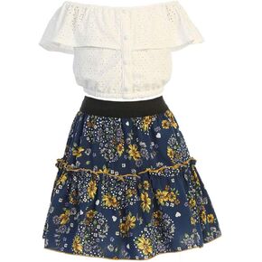 iGirlDress Girls 2 Piece Summer Outfits Off Shoulder Crop Ruffle Layered Eyelet Top and Skirt Casual Set 4-14