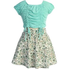 iGirlDress Girls 2 Piece Summer Outfits Off Shoulder Crop Ruffle Layered Eyelet Top and Skirt Casual Set 4-14