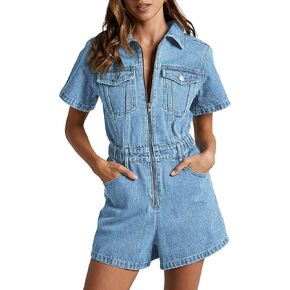 PLNOTME Womens Summer Denim Romper Short Sleeve Zip Up Utility Pockets Jean Jumpsuit Shorts