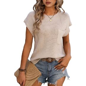 HangNiFang Women's Crew Neck Knitwear Sweater Vest Cap Sleeve Pullover Cropped Sweater Tops