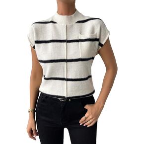 SweatyRocks Women's Casual Striped Pattern Mock Neck Pocket Sweater Vest Knit Tops