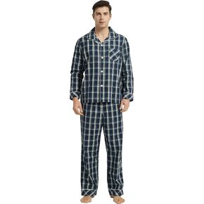Vulcanodon Mens Cotton Pajama Set, Button Down Woven Pajama Set for Men Plaid Men's Sleepwear