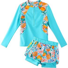 TFJH E 2PCS Girls Long Sleeve Swimsuit UV 50+ Rashguard Tankini Set Kids Swimwear Zipper 3-12Y in Kuwait