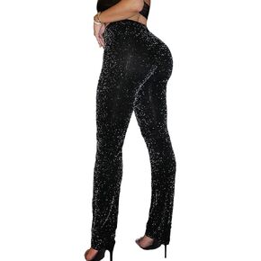 Floerns Women's Contrast Sequin Elastic Waist Shiny Straight Leg Party Pants
