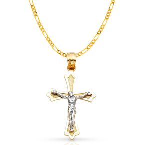 Ioka 14K Two Tone Gold Jesus Crucifix Cross Pendant with 1.9mm Figaro 3+1 Chain Chain Necklace