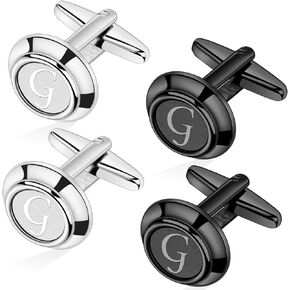 AMITER Mens Cufflinks with Initial A-Z, Classic 26 Letters Cuff Links for Men Business Wedding Shirts - 2 Pairs (Silver + Black)