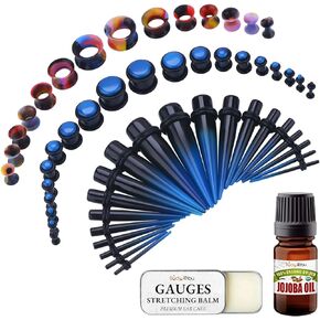 BodyJ4You 55PC Gauges Kit 14G-12mm - Aftercare Jojoba Oil, Ear Stretching Balm Wax - Black Blue