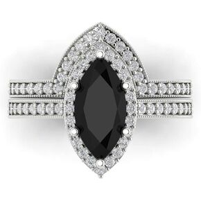 2.13ct Marquise Round Cut Pave Halo Solitaire with Accent Genuine Natural Black Onyx Classic Ring Band Set 14k White Gold
