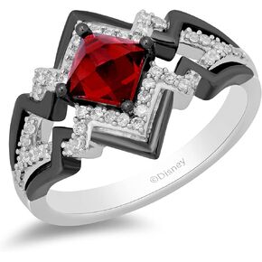 Jewelili Enchanted Disney Fine Jewelry The devil is in the Details Sterling Silver and Black Rhodium 1/5 cttw Diamond and Garnet Disney Cruella Live Action Ring