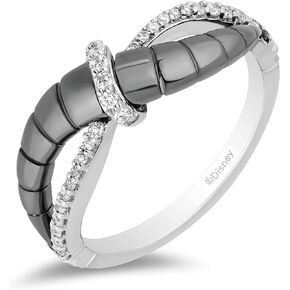 Jewelili Enchanted Disney Fine Jewelry Black Rhodium over Sterling Silver 1/6 Cttw Natural White Round Diamond Maleficent Horn Textured Ring