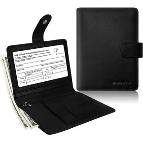 Genuine Leather Passport Holder for Men, Passport Wallet Cover with Elastic Strap and Zipper Closure, Rfid Passport Holder Fit for Immunization Record Card(Black)