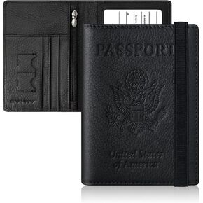 Genuine Leather Passport Holder for Men, Passport Wallet Cover with Elastic Strap and Zipper Closure, Rfid Passport Holder Fit for Immunization Record Card(Black)