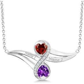 Gem Stone King 925 Sterling Silver Customized and Personalized Engraved Gemstone Birthstone 2 Heart Shape Pendant Necklace Promise Love Jewelry For Women with 18 Inch Silver Chain