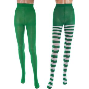 Urieo St. Patrick's Day Striped Tights Hosiery Green Opaque Footed Pantyhose Irish Costume Long Stockings for Women and Girls(Pack of 2 in Kuwait