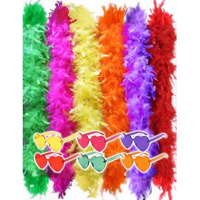 Colorful Feather Boas 6 Packs, 6.6ft Turkey Boas for Women for Bachelor Party Halloween,with Heart Sunglasses