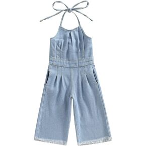 Emmababy Kid Girl Denim Overalls Bell Bottom Jumpsuit Sleeveless Tie Shoulder Straps Jeans Romper Cutout Wide Leg Jumpsuit