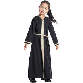 IBTOM CASTLE Girls Abaya Dress Long Sleeve Hooded Muslim Maxi Dress Dubai Islamic Ramadan Middle East Kaftan Casual Thobe