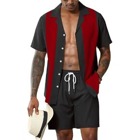 LecGee Men'S 2 Piece Casual Bowling Shirt Set Short Sleeve Button Down Shirt Shorts Set Summer Vacation Beach Outfits