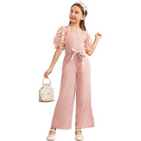 WDIRARA Girl's Appliques Round Neck Sheer Mesh Puff Sleeve Belted Wide Leg Jumpsuit Pants