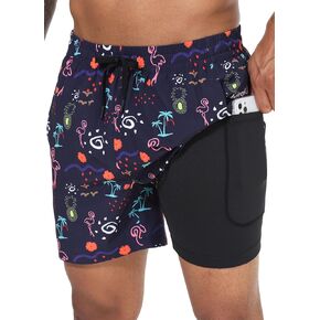 BALEAF Men's 5.5 & 7 Inch Swim Trunks with Compression Liner Quick-Dry Long Shorts Swim Shorts with Zipper Pockets