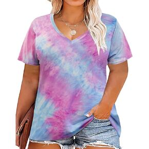 RITERA Women Plus Size Tops Tie Dye V Neck Shirt Floral Camo Summer Short Sleeve Tunic Oversized Ladies Blouse XL-5XL