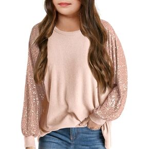 Haloumoning Girls Sequin Sweatshirts Kids Fashion Crewneck Long Batwing Sleeve Pullover Clothes 5-14 Years