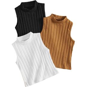 Floerns Girl's 3 Pcs Sleeveless Solid Mock Neck Rib Knit Tank Top