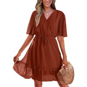 KIRUNDO Women's Summer Dresses 2024 Casual Short Sleeve V Neck Ruffle Floral Print High Waist Flowy Mini Dress with Belt