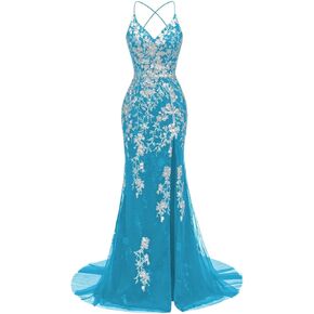 Lace Tulle Prom Dresses 2024 Sparkly Mermaid Long Formal Dress V Neck Evening Party Gowns with Slit
