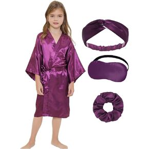 JIKAJA Girls Kids Silky Satin Robe Set for Spa Birthday Wedding Party Flower Girl Robe with Sleeping Mask Hair Band/Ring