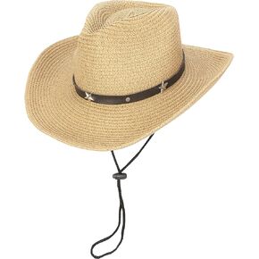 Kid-Straw-Western-Cowboy-Hat with Wind-Lanyard - Summer-Hat Sun-Hat Cowboy-Cowgirl-Style UPF 50+ Beach Hat 5-9 Years