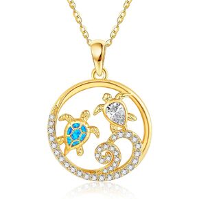 14K Gold Turtle Wave Necklace 14K Solid Yellow Gold Sea Turtle Ocean Wave Pendant Necklace Gold Turtle Jewelry for Women Girls Ocean Gifts