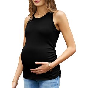 Women's Maternity Tank Tops Summer Sleeveless Crew Neck Ribbed Knit Slim Fitted Blouse Side Ruched Pregnancy Shirts in Kuwait