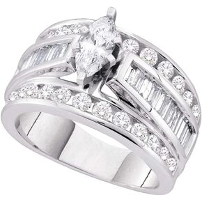 14k White Gold Diamond Engagement Wedding Solitaire with Side Stones Channel Set Large Marquise, Round & Baguette Cut Diamond Ring (.99 cttw, 1/4 ct Center)
