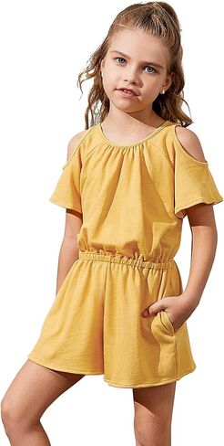 Perfashion Girls' Jumpsuits & Rompers Crew Neck Short Sleeve Stretchy Summer Denim Shorts with Side Pockets for 4-13 Years in Saudi Arabia