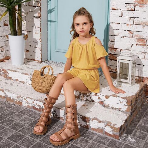 Perfashion Girls' Jumpsuits & Rompers Crew Neck Short Sleeve Stretchy Summer Denim Shorts with Side Pockets for 4-13 Years in Saudi Arabia