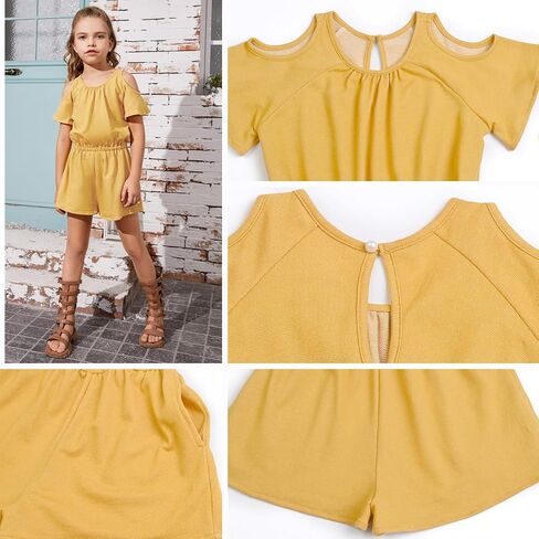 Perfashion Girls' Jumpsuits & Rompers Crew Neck Short Sleeve Stretchy Summer Denim Shorts with Side Pockets for 4-13 Years in Saudi Arabia