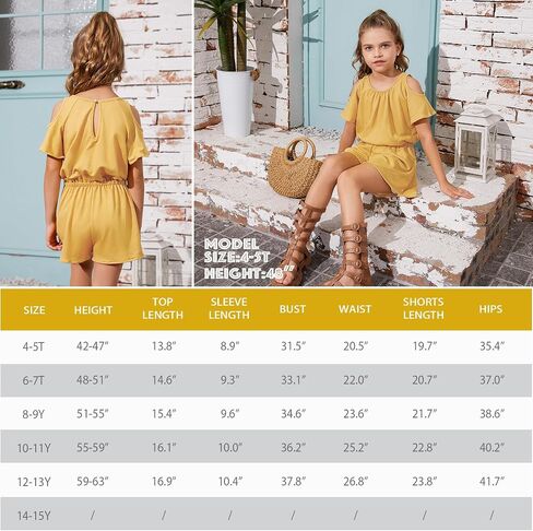Perfashion Girls' Jumpsuits & Rompers Crew Neck Short Sleeve Stretchy Summer Denim Shorts with Side Pockets for 4-13 Years in Saudi Arabia